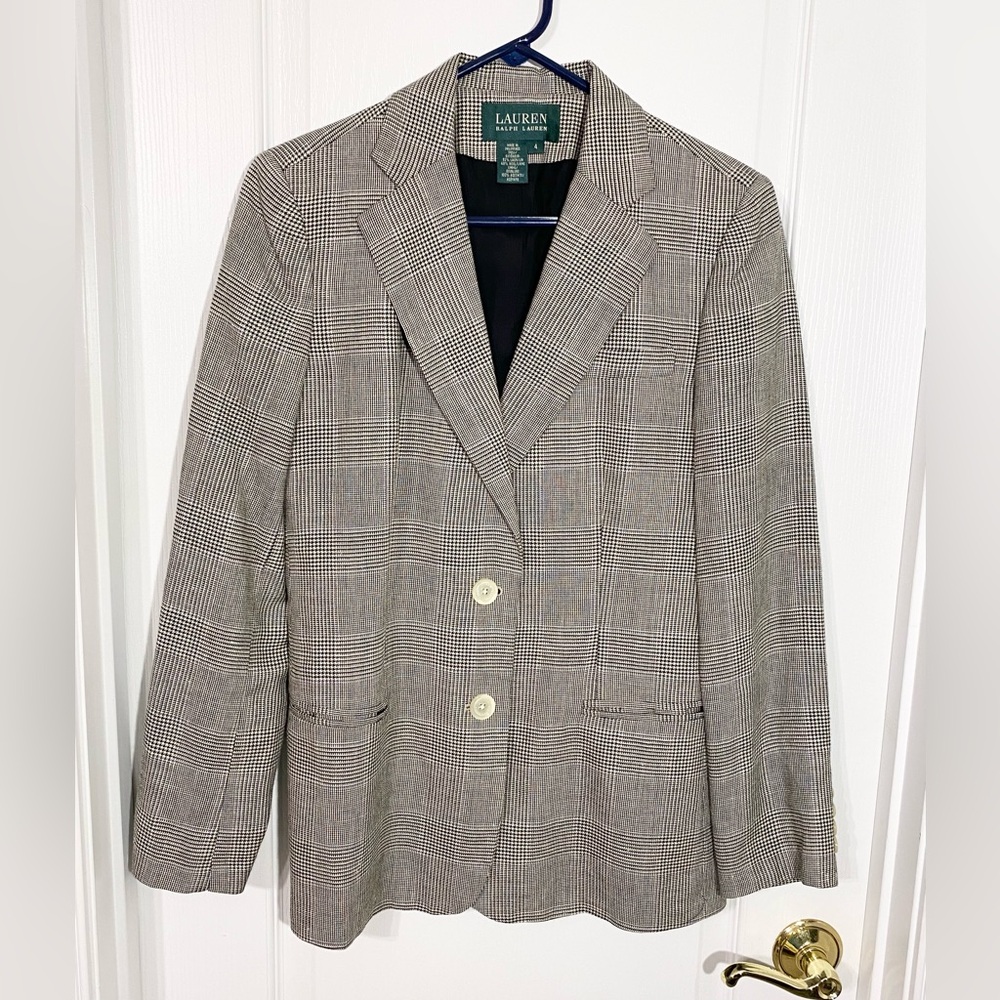 Y2K Ralph Lauren LINEN Wool Glen Plaid Blazer Vintage Black Cream Size 4